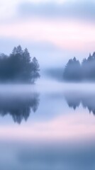 Serene misty lake at sunrise with soft pastel colors, tranquil nature scene. Peaceful reflection and calmness concept