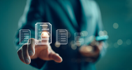 Business performance checklist, businessman using phone doing online checklist survey, filling out digital form checklist, take an assessment, questionnaire, evaluation, online survey, online exam.