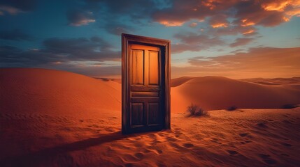 Open Door in a Vast Desert Landscape.