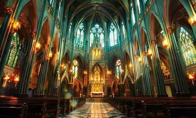 A majestic cathedral with soaring spires and stained glass windows, its interior filled with a sense of awe and wonder. Video