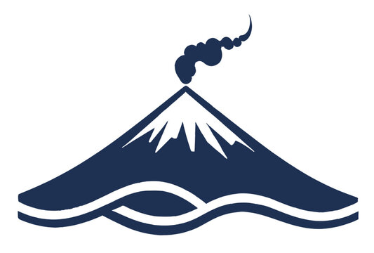 recommend clip art:  Minimalist volcano illustration with smoke rising, featuring simple line art in dark blue with waves in the foreground