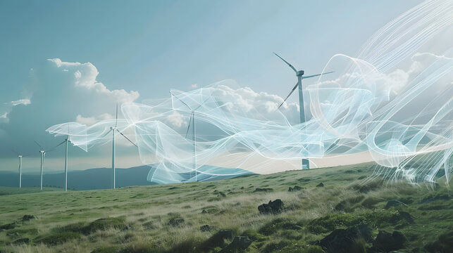 Wind farm where turbines metamorphose into giant processors and gusts of air visualize as flowing streams of code 