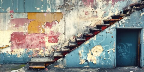 A weathered metal staircase leads up to a blue door on a wall with peeling paint in red, yellow, and blue hues.