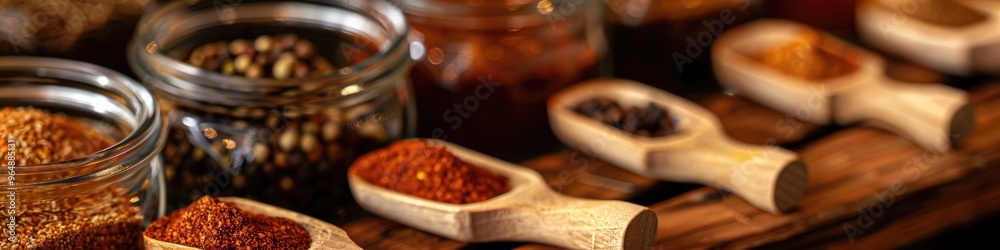 Canvas Prints Close-up of basic spice paste in glass jars displayed on a wooden shelf with wooden spoons.