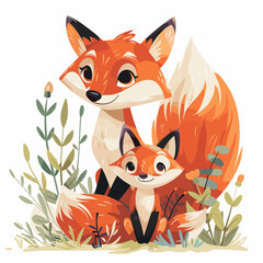 Obraz premium A mother fox is sitting on the ground with her baby fox