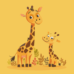 Fototapeta premium A mother giraffe and her baby giraffe. The scene is warm and loving, with the mother giraffe providing comfort and protection for her young
