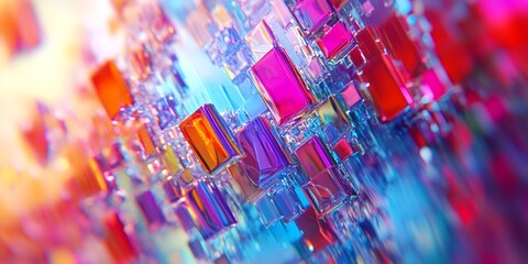 Abstract background of colorful, translucent cubes with a blurred, shimmering effect.