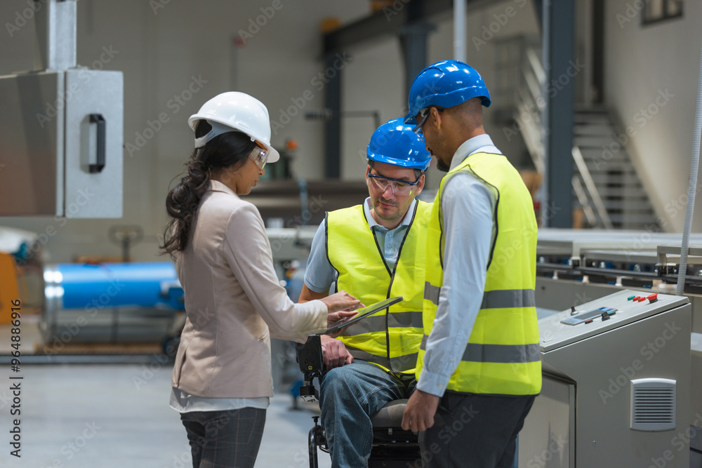 Wall mural female manager talking with two workers on the factory line, including one with a disability, about 