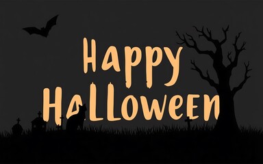 Spooky Halloween greeting with a silhouette of a graveyard, a bat, and a bare tree. Perfect for social media, cards, and more. 

