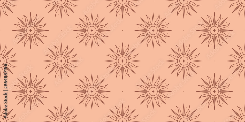 Wall mural vector bohemian seamless pattern with sun,star and sunburst.boho linear emblems in trendy minimalist