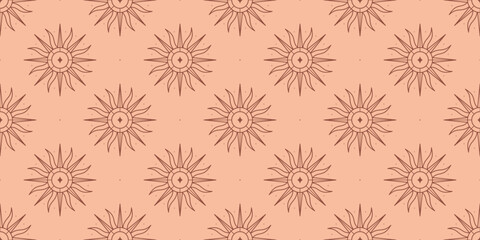 Vector bohemian seamless pattern with sun,star and sunburst.Boho linear emblems in trendy minimalist style.Celestial decoration background.Branding  and packaging design template.