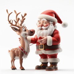 Whimsical Santa Claus interacts joyfully with a playful reindeer, embodying the festive spirit of Christmas and holiday cheer.