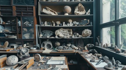 A science classroom with a collection of fossils and rocks.