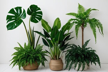Fototapeta premium Tropical Plant Bush with Green Leaves: Monstera, Palm, Rubber Plant, and Fern Isolated on White