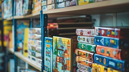 A stack of educational board games on a classroom shelf.