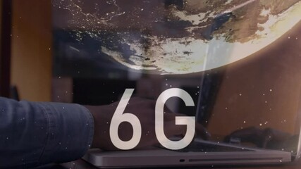 Animation of 6g text, globe and data processing over caucasian businessman using laptop - Powered by Adobe