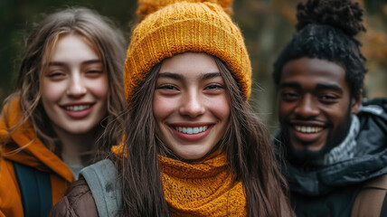 Obraz premium photo of group of cheerful young people of different nationalities in park, friends, students, diversity, smiling girl, boy, man, woman, friendship, teenagers, youth, hiking, walk, portrait, community