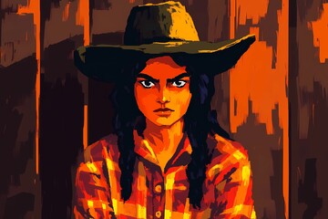 background image of a cowboy woman, western illustration style, western.  