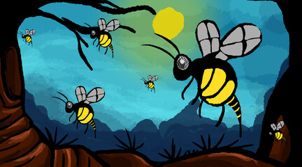 Swarm of bees flying over mountains at sunset