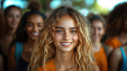 Fototapeta premium photo of group of cheerful young people of different nationalities in park, friends, students, diversity, smiling girl, boy, man, woman, friendship, teenagers, youth, hiking, walk, portrait, community
