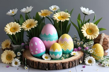 Enchanted Easter Setup with Three-Dimensional Eggs, Daisies, and Spring Flowers