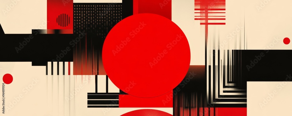 Poster abstract geometric composition with red circle and black lines
