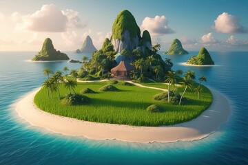 Enchanting 3D Island Paradise with Lush Green Fields and Unique Isolated Flora Landscape