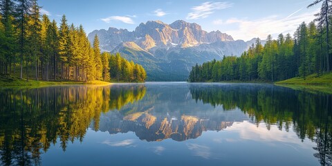 Majestic Mountain Lake with Autumn Forest and Clear Reflection