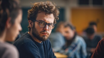 Fototapeta premium A Teacher Frowns Sternly at a Student for Disrupting the Class, Clearly Displaying Authority and Displeasure Over Classroom Behavior