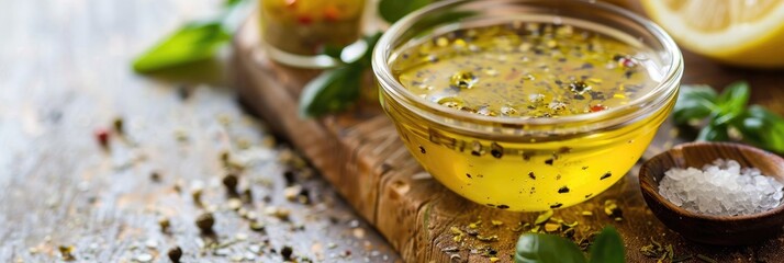 Homemade salad vinaigrette featuring olive oil, lemon juice, salt, and pepper with a focus on the dressing.