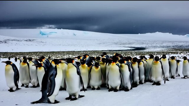 A colony of emperor penguins huddling together in the icy winds of Antarctica