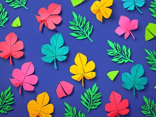 Colorful Paper Leaves on Blue Background