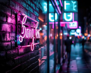 Neon signs glowing in the night, vibrant and dynamic, Urban, Bright hues, Photograph, City nightlife
