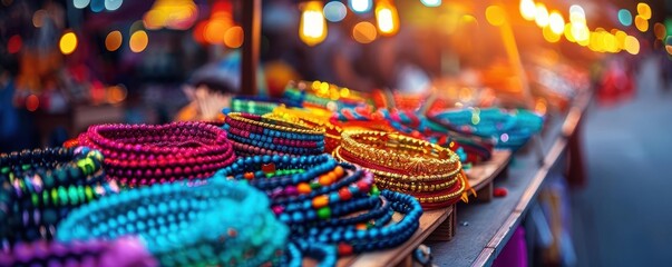 Night market with colorful stalls, lively and bustling, Urban, Bright hues, Photograph, Street culture