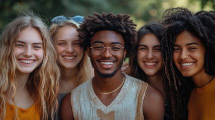 Fototapeta premium photo of group of cheerful young people of different nationalities in park, friends, students, diversity, smiling girl, boy, man, woman, friendship, teenagers, youth, hiking, walk, portrait, community
