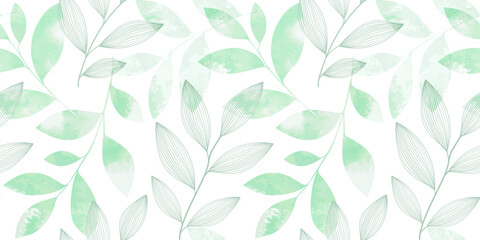 Gentle line art abstract background with linear and watercolor leaves. luxury vintage seamless pattern. Elegant floral design. Can be used for wrapping, textile, print, banner, brochure, label	