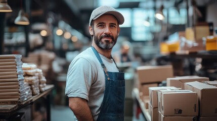 Worker in a warehouse stands confidently among boxes during the day