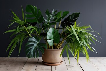 Obraz premium Vibrant Tropical Plant Arrangement Featuring Jade Monstera and Bamboo Foliage
