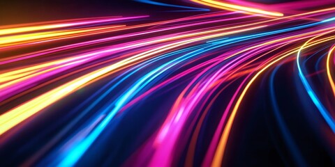 Abstract background with vibrant blue, pink, and yellow lights in a dark environment.