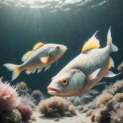 Fish and plants in the depths of the sea, sunlight filtering in