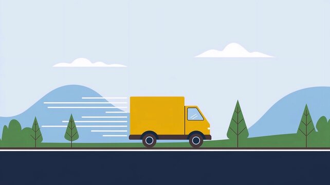 Minimalist illustration of a yellow delivery truck with motion lines, symbolizing speed and efficiency