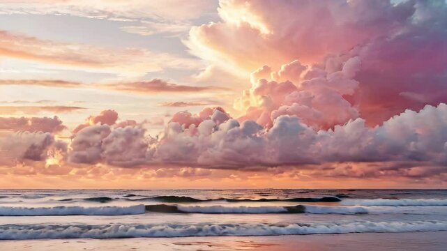 Dramatic sunset evening sky. Fluffy clouds, summer skies, cloudy background. Aerial nature sunrise over the tranquill sea