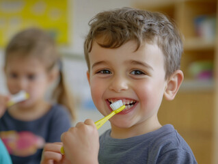 Children brush teeth in kindergarten, close up, background blurred