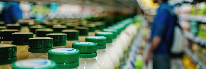 Obraz premium Close-up of various dairy product bottles with green caps on a supermarket shelf, featuring a male shopper in the background.