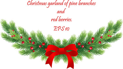 Lush festive spruce garland decorated with red berries. Natural winter decor. EPS 10 vector © 151115