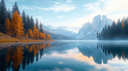 Fototapeta premium Majestic Mountain Lake with Autumn Forest and Clear Reflection