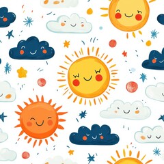Fototapeta premium A colorful pattern of clouds and suns with smiling faces