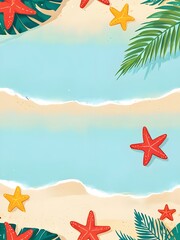 Summer Beach Scene with Starfish and Palm Leaves