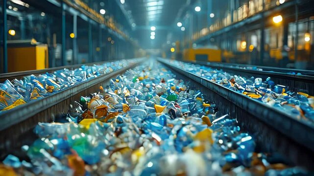 A conveyor belt filled with plastic bottles being sorted at a recycling plant, bathed in blue lighting