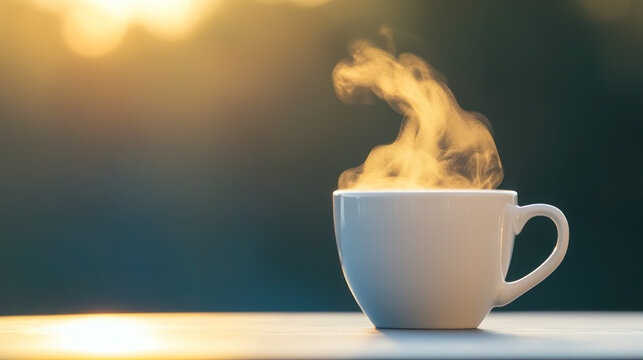 steaming coffee cup in warm morning sunlight on a serene backdrop